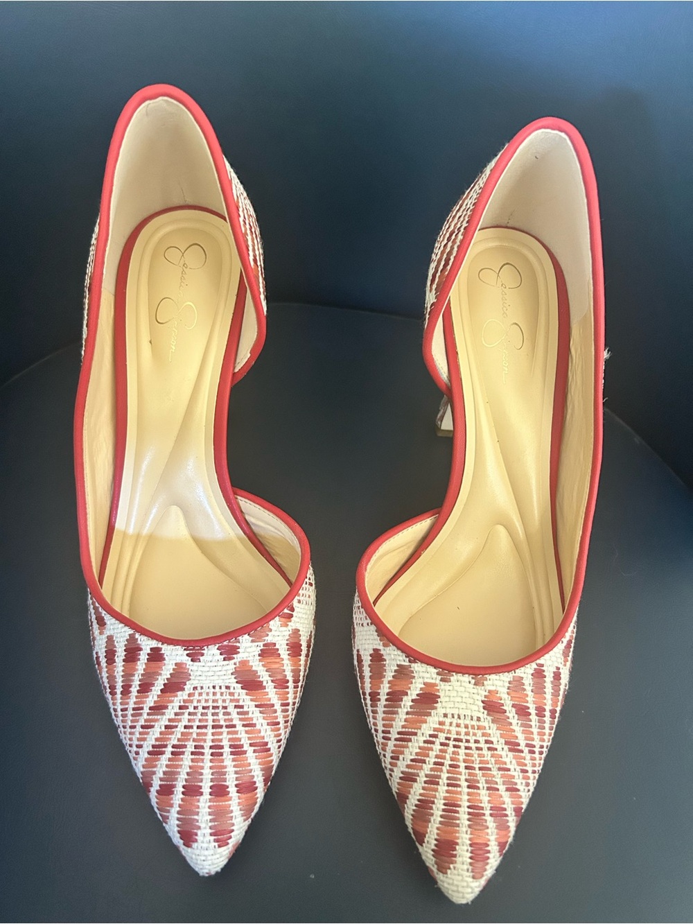 Jessica Simpson Red and White Patterned Pointed Pumps
